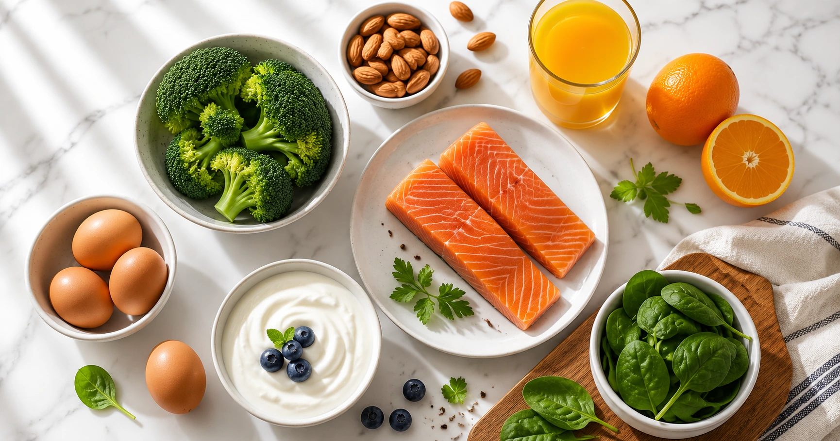 Healthy foods including salmon eggs and vegetables representing key nutrients needed after age 60