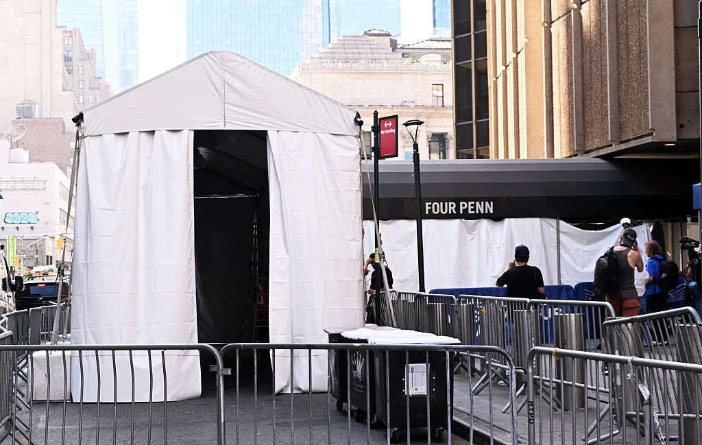 A tent outside Madison Square Garden was set up for guests arriving to Taylor Swift and Travis Kelces wedding events.